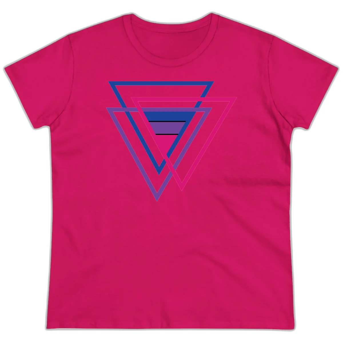 Nested triangles pride design with concentric blue, magenta, and purple geometric layers and black accent lines in Heliconia