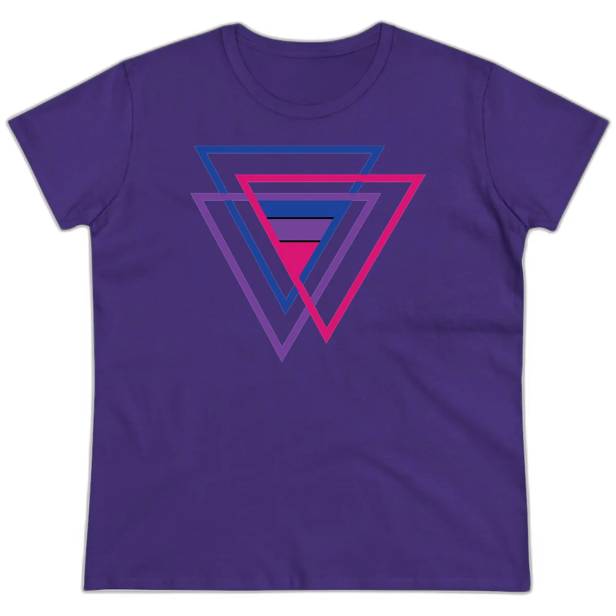 Nested triangles pride design with concentric blue, magenta, and purple geometric layers and black accent lines in Purple
