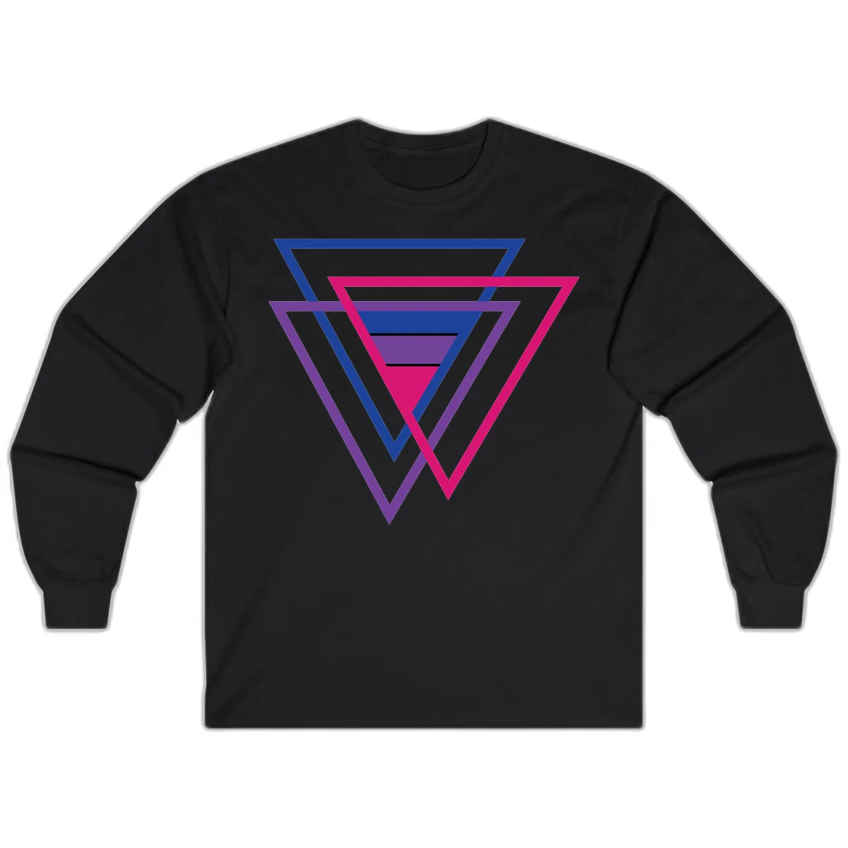 Nested triangles pride design with concentric blue, magenta, and purple geometric layers and black accent lines in Black