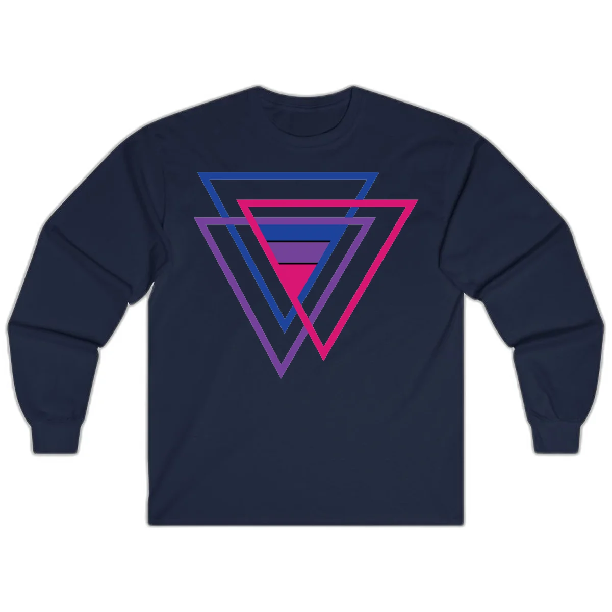 Nested triangles pride design with concentric blue, magenta, and purple geometric layers and black accent lines in Navy