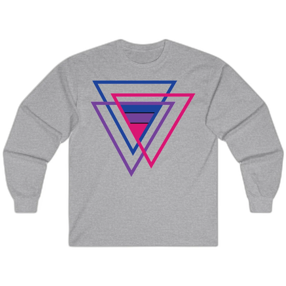 Nested triangles pride design with concentric blue, magenta, and purple geometric layers and black accent lines in Sport Grey