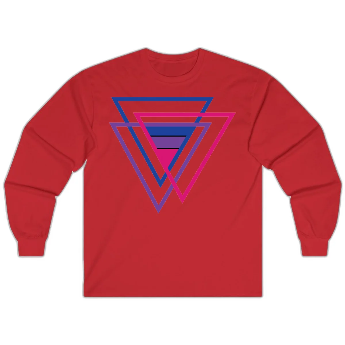 Nested triangles pride design with concentric blue, magenta, and purple geometric layers and black accent lines in Red