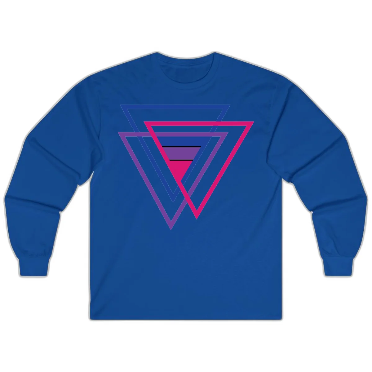 Nested triangles pride design with concentric blue, magenta, and purple geometric layers and black accent lines in Royal