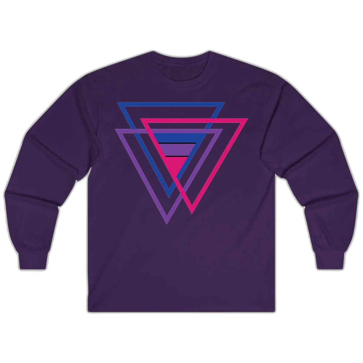 Nested triangles pride design with concentric blue, magenta, and purple geometric layers and black accent lines in Purple