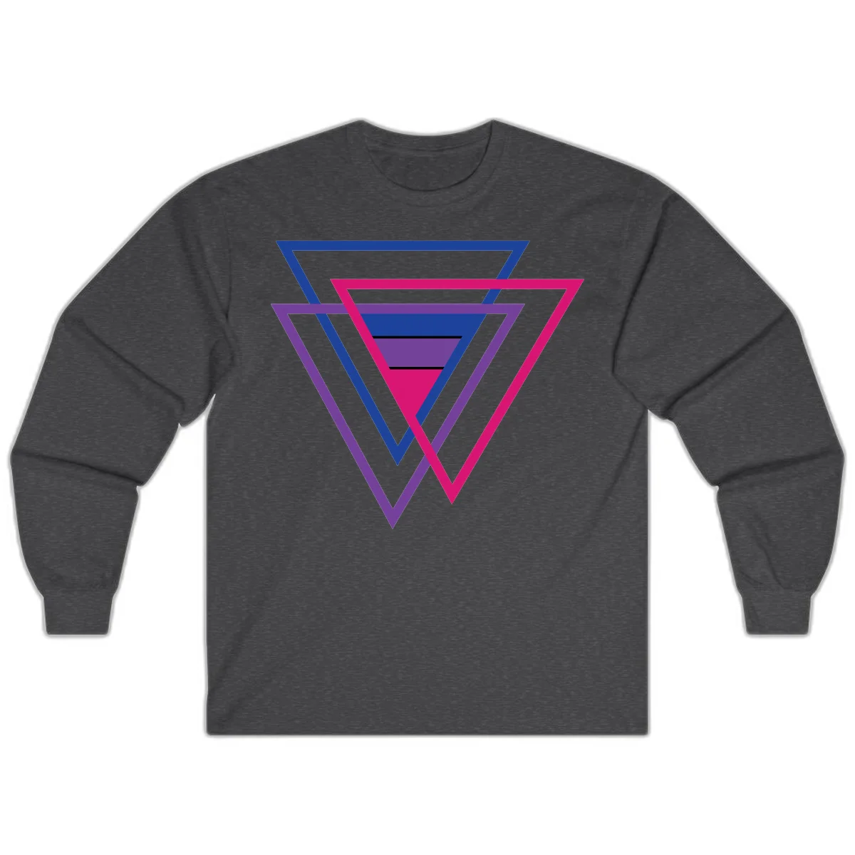 Nested triangles pride design with concentric blue, magenta, and purple geometric layers and black accent lines in Dark Heather