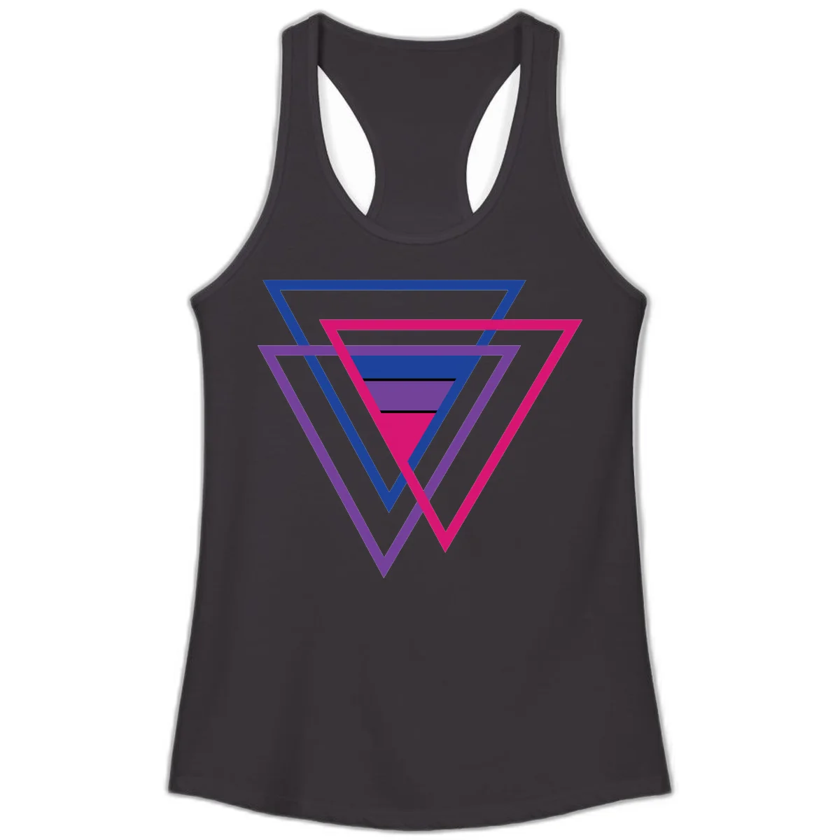 Nested triangles pride design with concentric blue, magenta, and purple geometric layers and black accent lines in Black