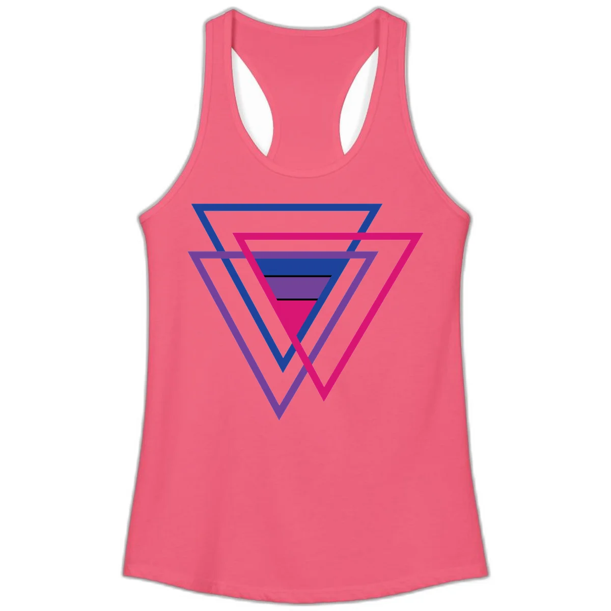 Nested triangles pride design with concentric blue, magenta, and purple geometric layers and black accent lines in Hot Pink