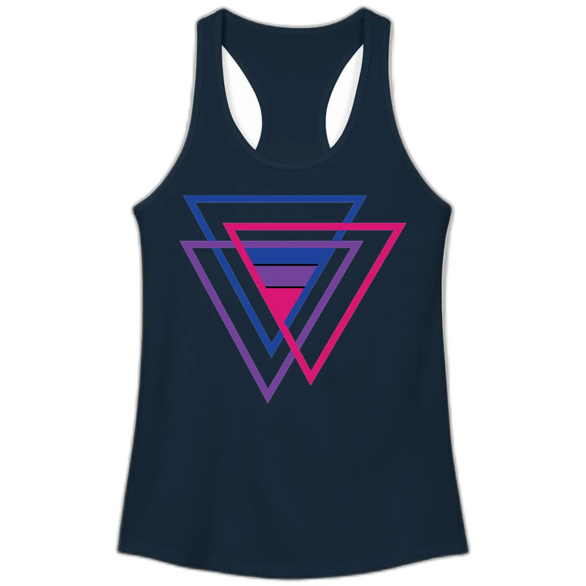 Nested triangles pride design with concentric blue, magenta, and purple geometric layers and black accent lines in Solid Midnight Navy
