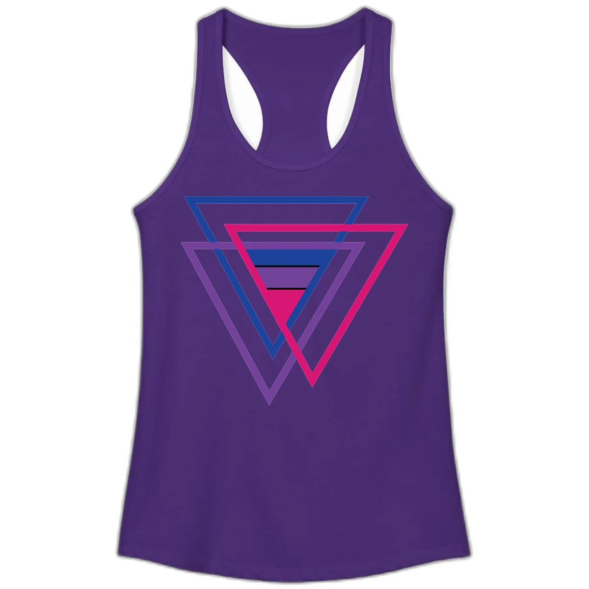 Nested triangles pride design with concentric blue, magenta, and purple geometric layers and black accent lines in Solid Purple Rush