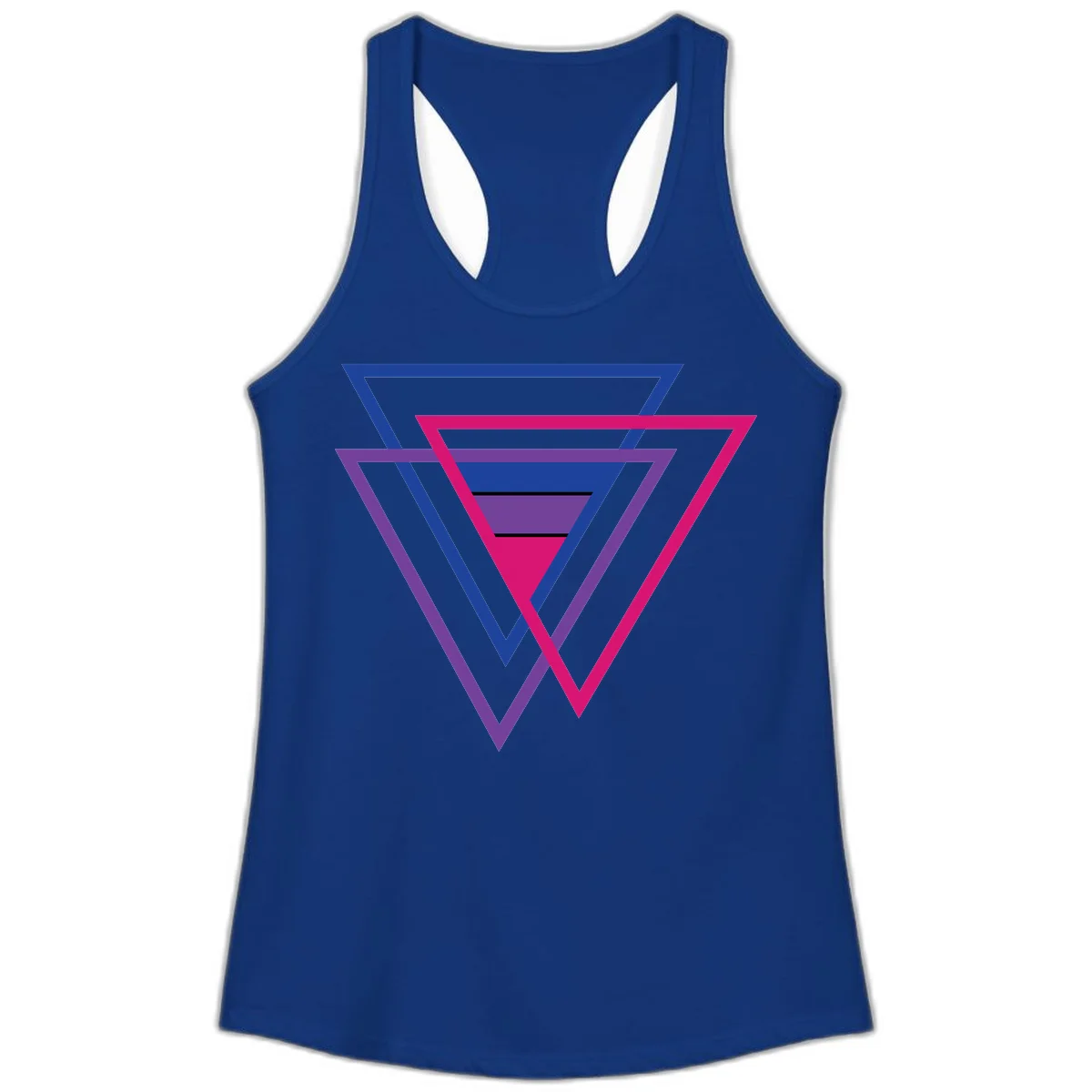Nested triangles pride design with concentric blue, magenta, and purple geometric layers and black accent lines in Solid Royal
