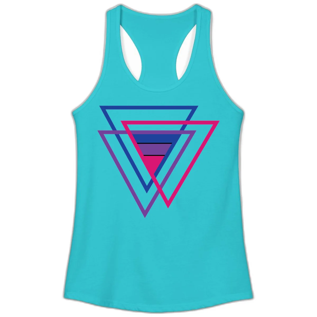 Nested triangles pride design with concentric blue, magenta, and purple geometric layers and black accent lines in Solid Tahiti Blue