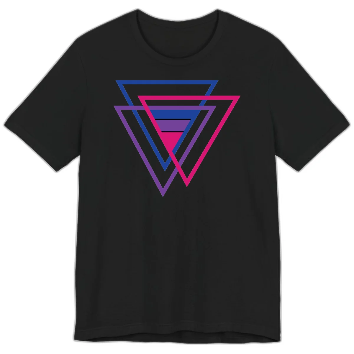 Nested triangles pride design with concentric blue, magenta, and purple geometric layers and black accent lines in Black