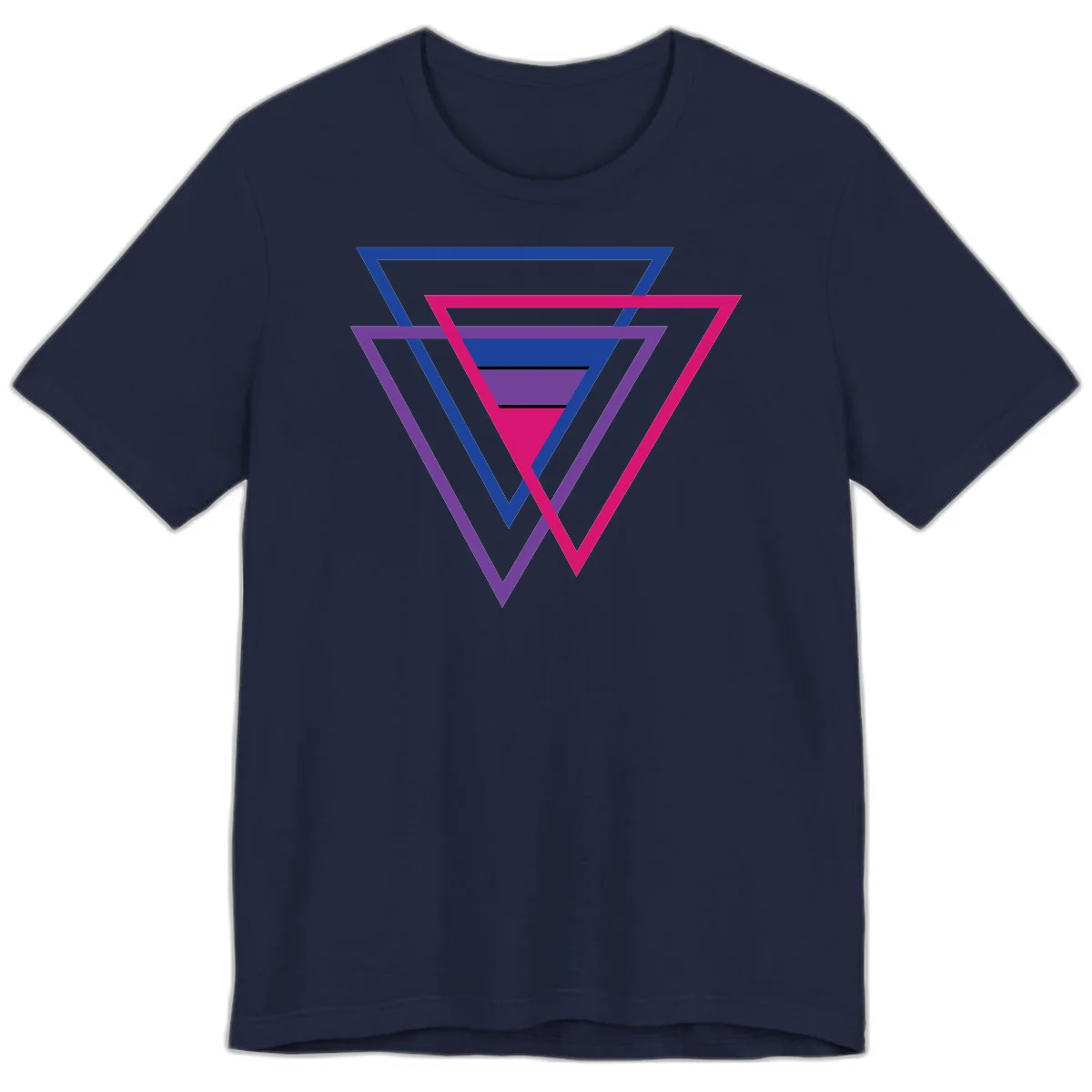 Nested triangles pride design with concentric blue, magenta, and purple geometric layers and black accent lines in Navy