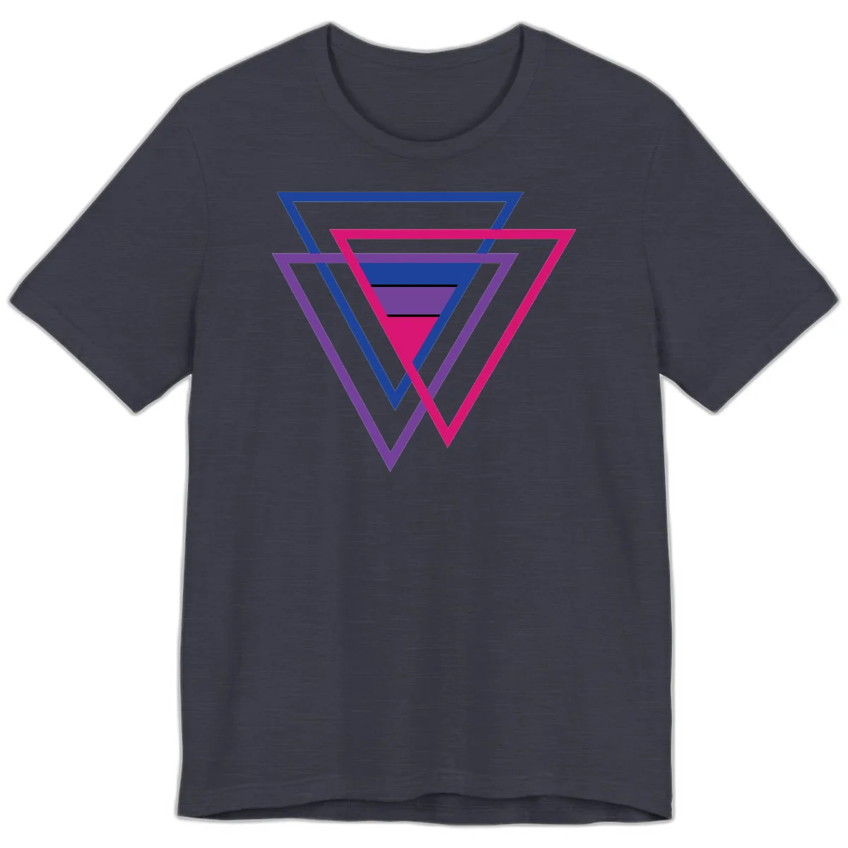 Nested triangles pride design with concentric blue, magenta, and purple geometric layers and black accent lines in Heather Midnight Navy