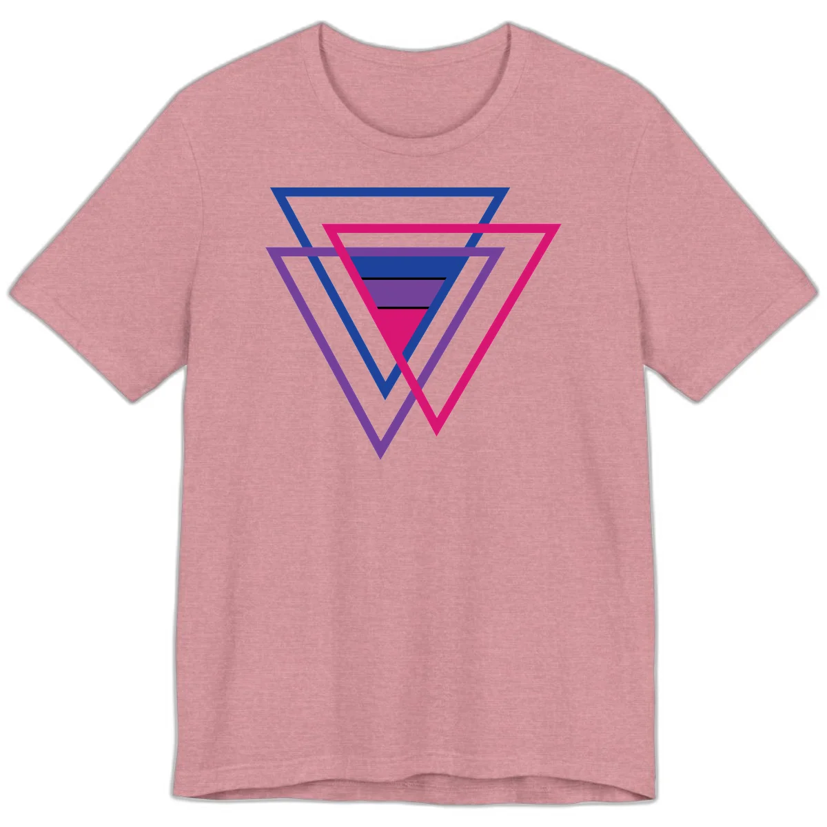 Nested triangles pride design with concentric blue, magenta, and purple geometric layers and black accent lines in Heather Orchid