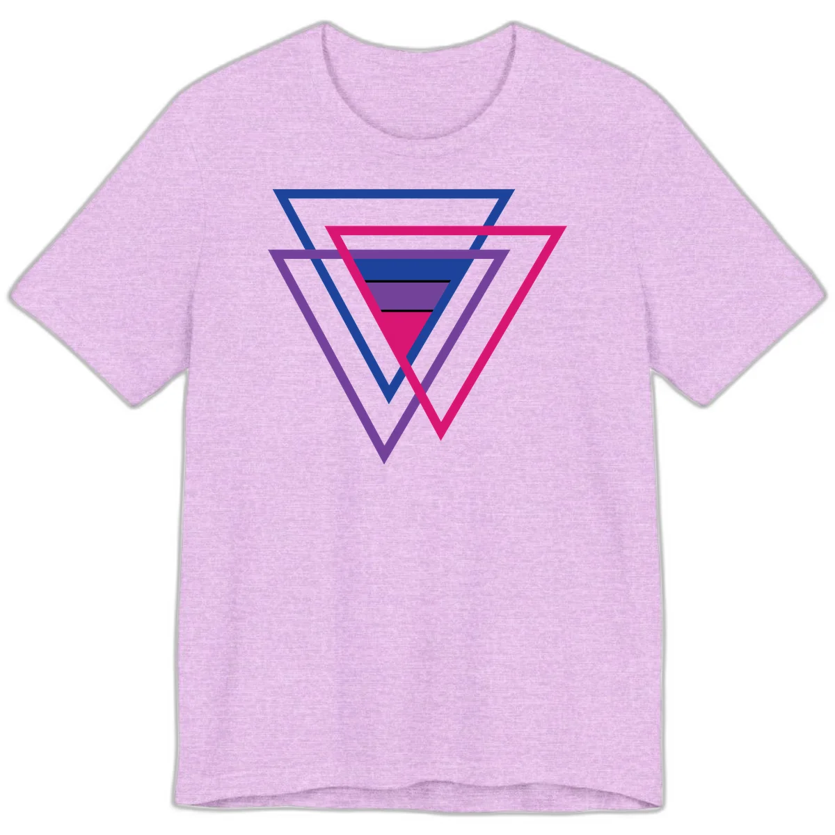 Nested triangles pride design with concentric blue, magenta, and purple geometric layers and black accent lines in Heather Prism Lilac