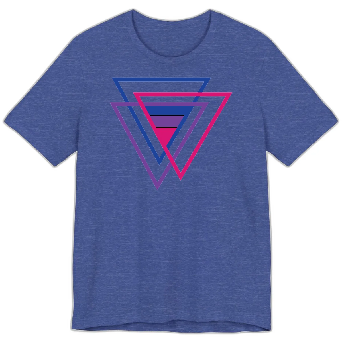Nested triangles pride design with concentric blue, magenta, and purple geometric layers and black accent lines in Heather True Royal
