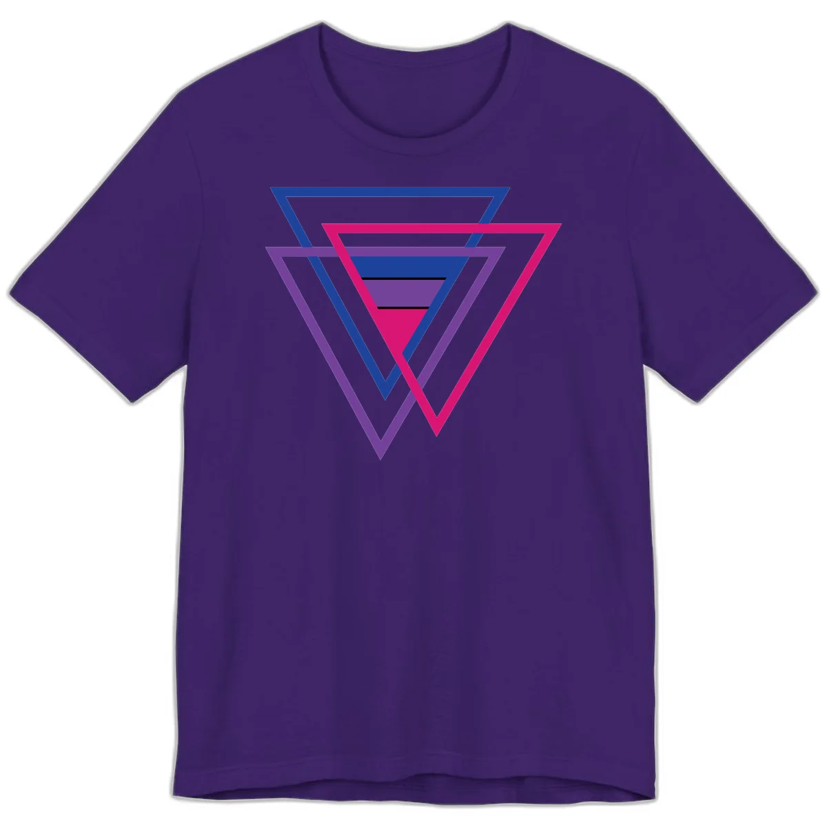Nested triangles pride design with concentric blue, magenta, and purple geometric layers and black accent lines in Team Purple