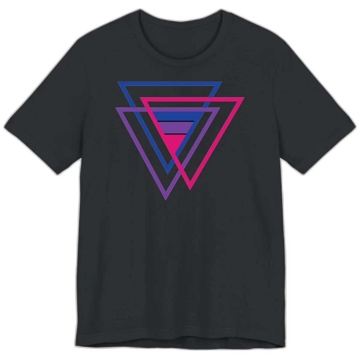 Nested triangles pride design with concentric blue, magenta, and purple geometric layers and black accent lines in Vintage Black