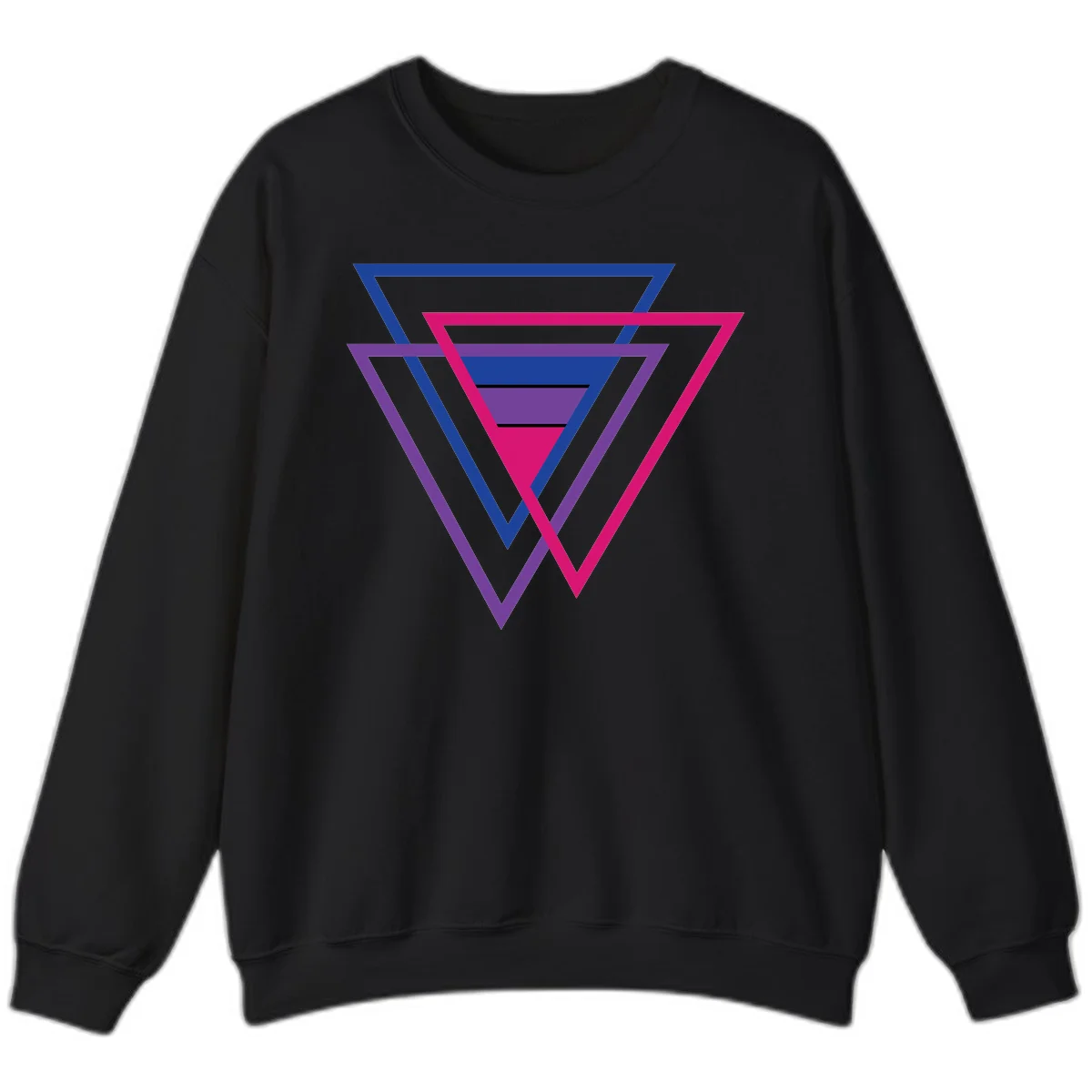 Nested triangles pride design with concentric blue, magenta, and purple geometric layers and black accent lines in Black