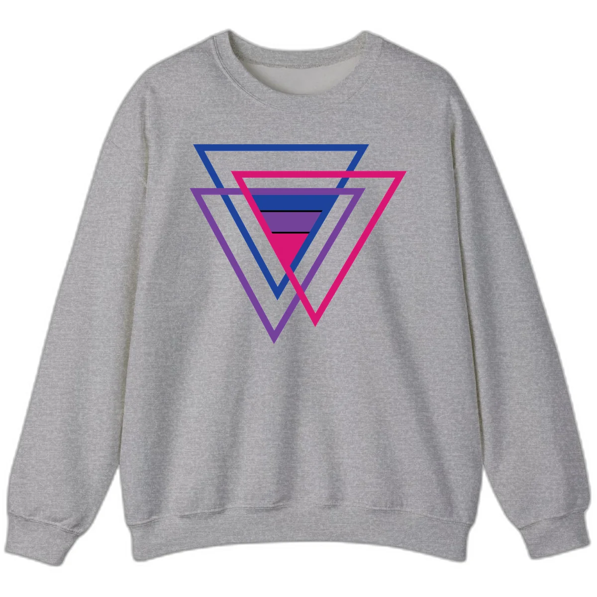 Nested triangles pride design with concentric blue, magenta, and purple geometric layers and black accent lines in Sport Grey
