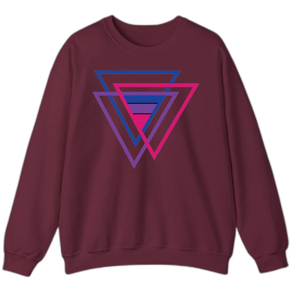 Nested triangles pride design with concentric blue, magenta, and purple geometric layers and black accent lines in Maroon