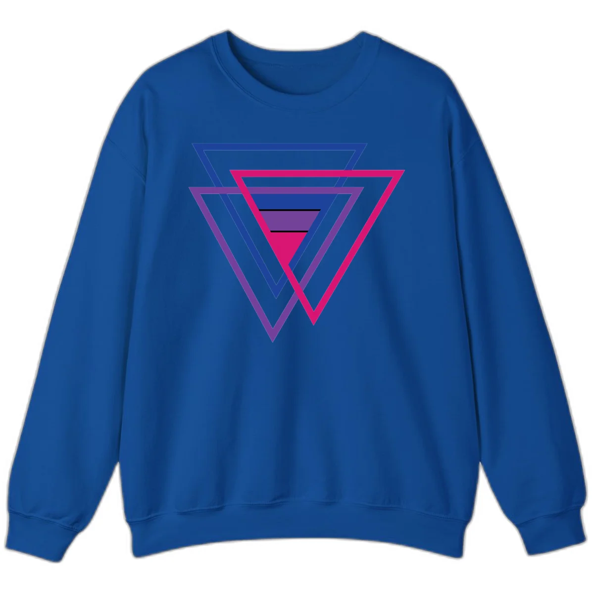 Nested triangles pride design with concentric blue, magenta, and purple geometric layers and black accent lines in Royal