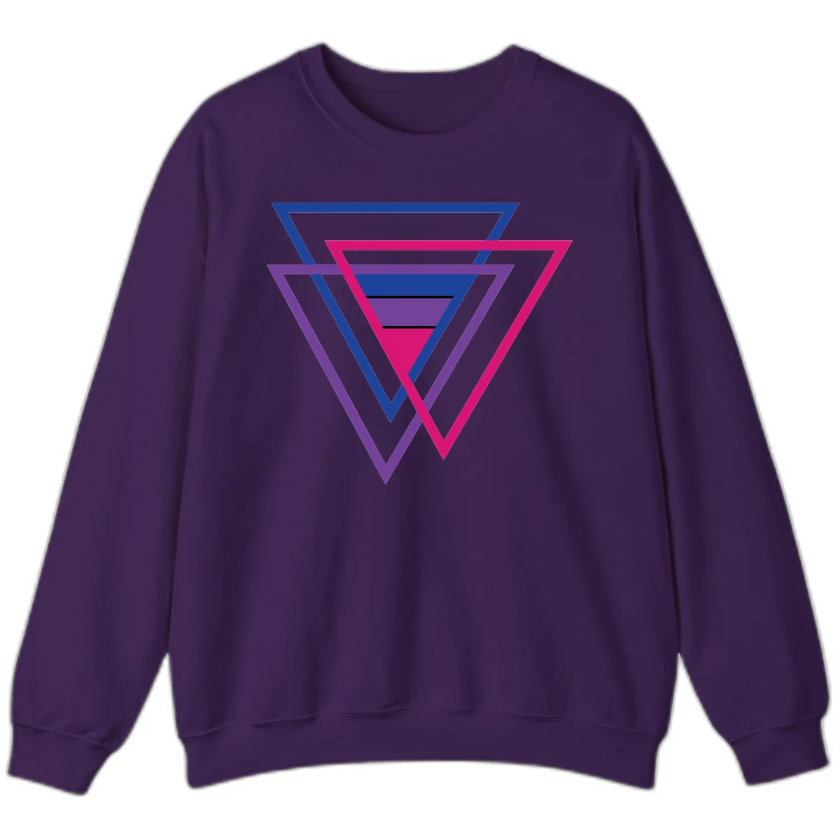 Nested triangles pride design with concentric blue, magenta, and purple geometric layers and black accent lines in Purple