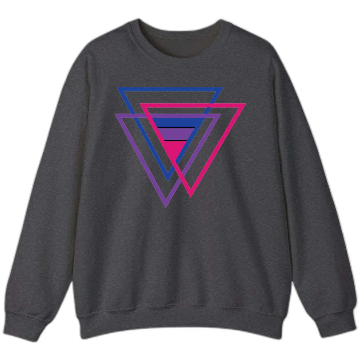 Nested triangles pride design with concentric blue, magenta, and purple geometric layers and black accent lines in Dark Heather