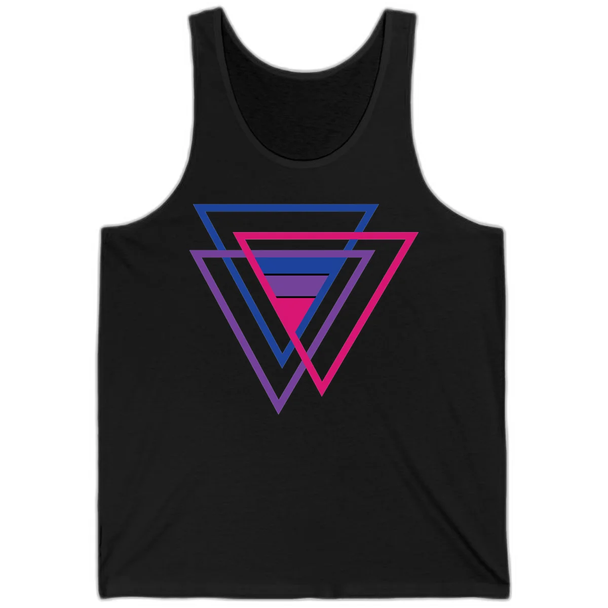 Nested triangles pride design with concentric blue, magenta, and purple geometric layers and black accent lines in Black