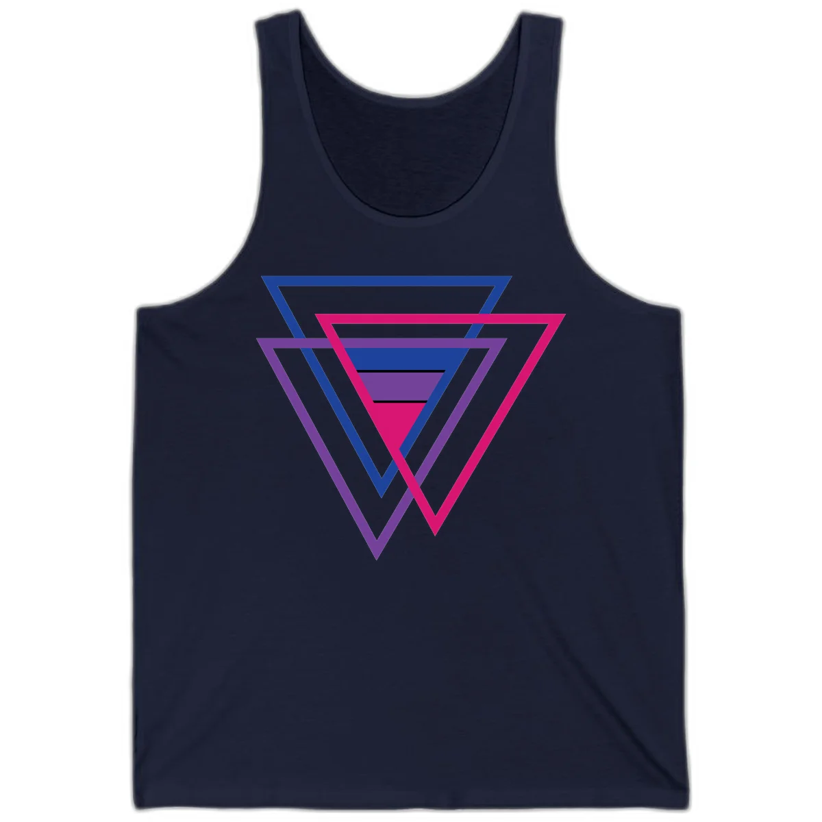 Nested triangles pride design with concentric blue, magenta, and purple geometric layers and black accent lines in Navy