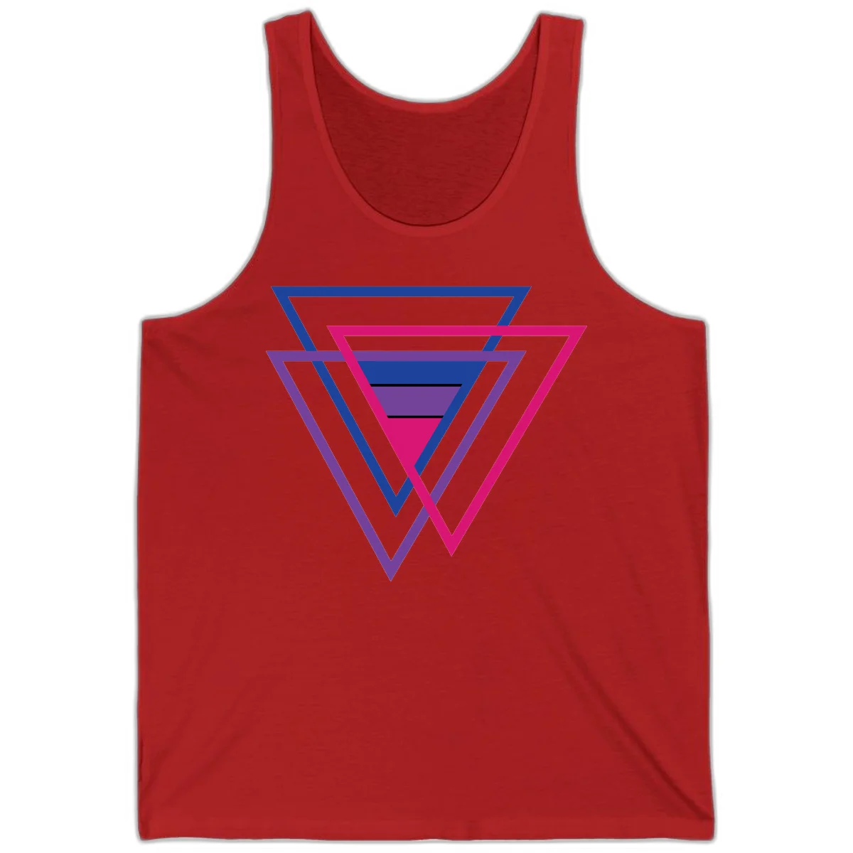 Nested triangles pride design with concentric blue, magenta, and purple geometric layers and black accent lines in Red
