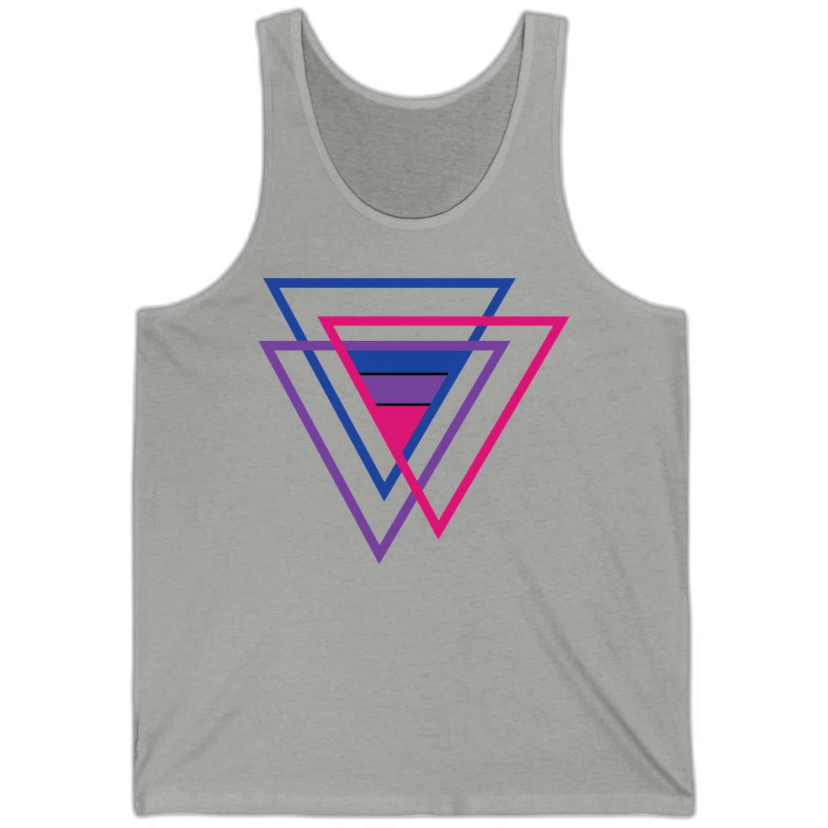 Nested triangles pride design with concentric blue, magenta, and purple geometric layers and black accent lines in Athletic Heather