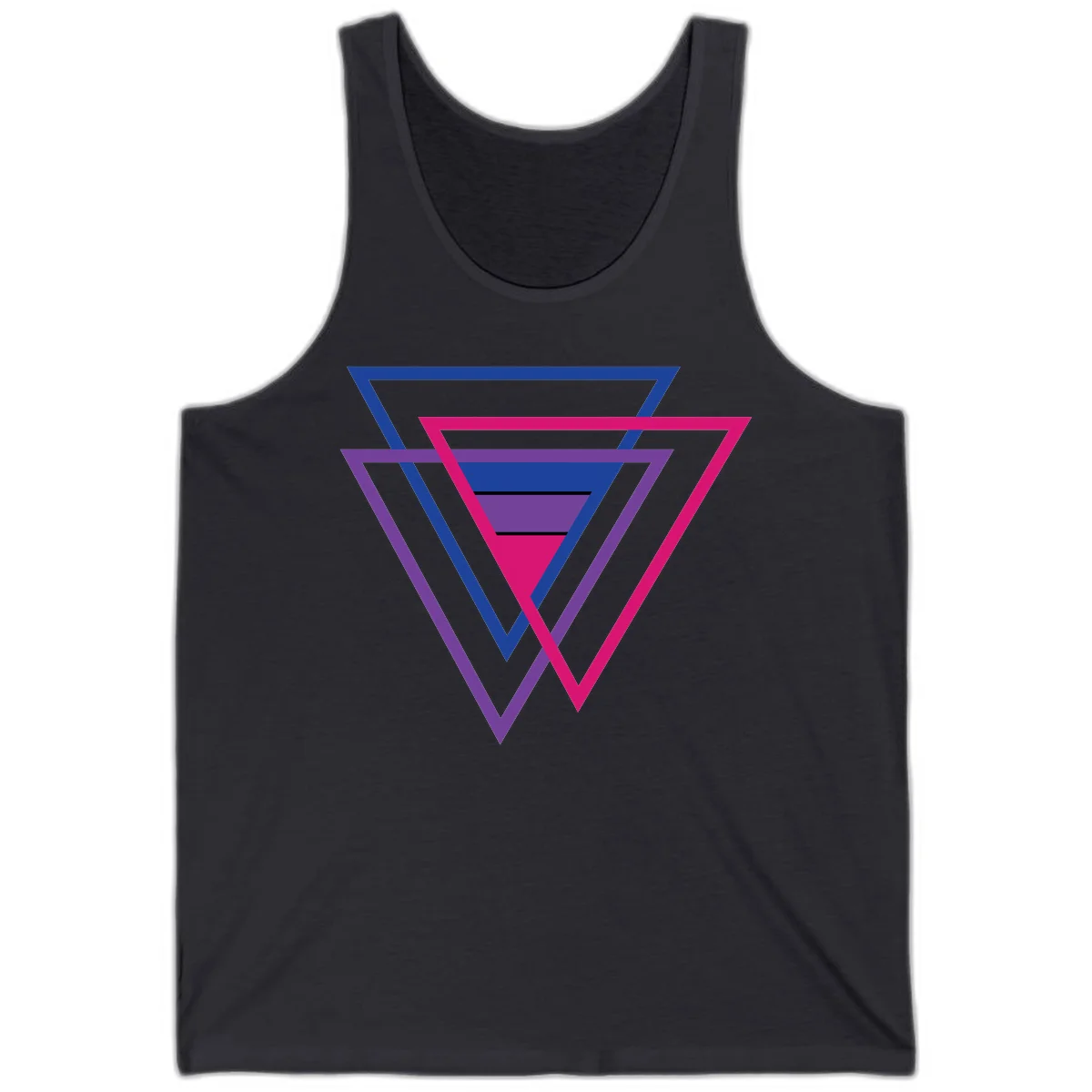 Nested triangles pride design with concentric blue, magenta, and purple geometric layers and black accent lines in Dark Grey