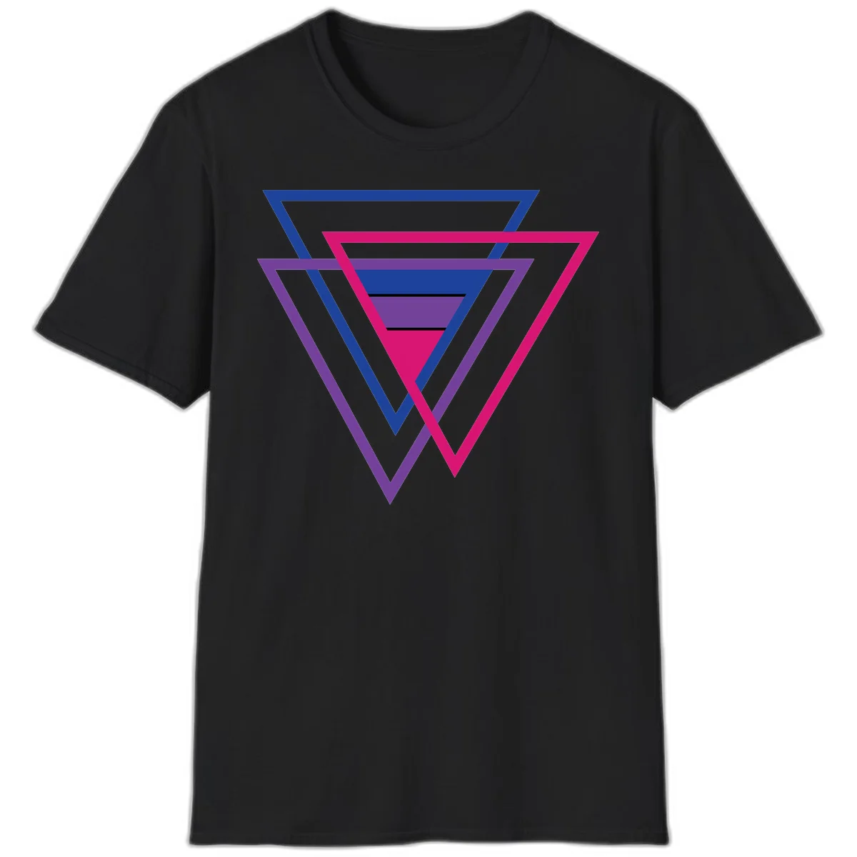 Nested triangles pride design with concentric blue, magenta, and purple geometric layers and black accent lines in Black