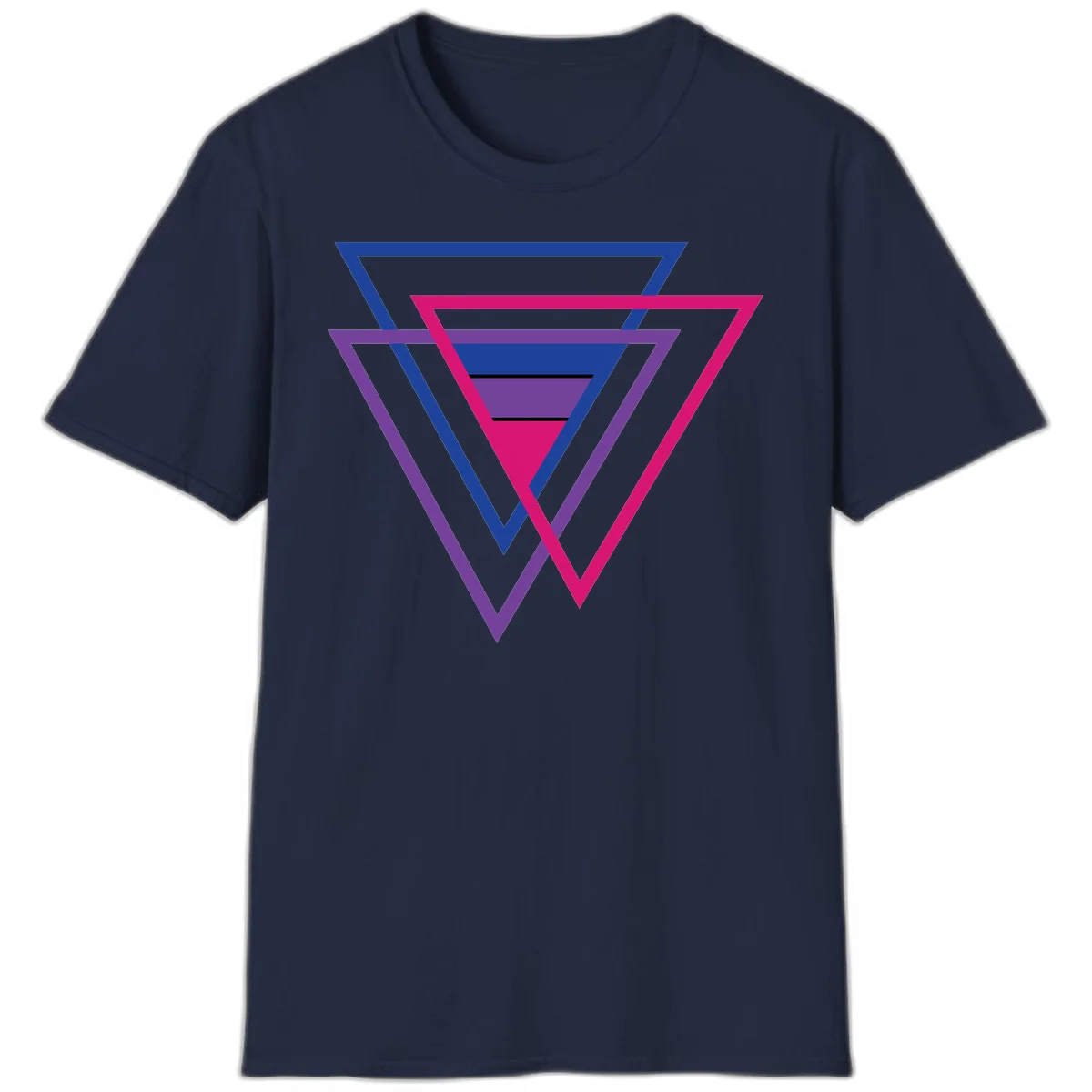 Nested triangles pride design with concentric blue, magenta, and purple geometric layers and black accent lines in Navy