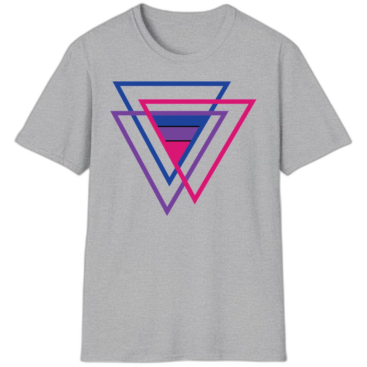 Nested triangles pride design with concentric blue, magenta, and purple geometric layers and black accent lines in Sport Grey
