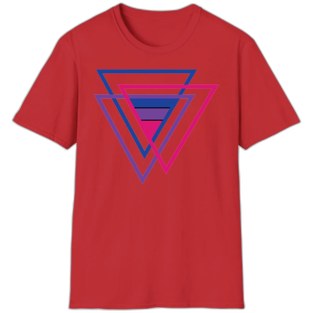 Nested triangles pride design with concentric blue, magenta, and purple geometric layers and black accent lines in Red