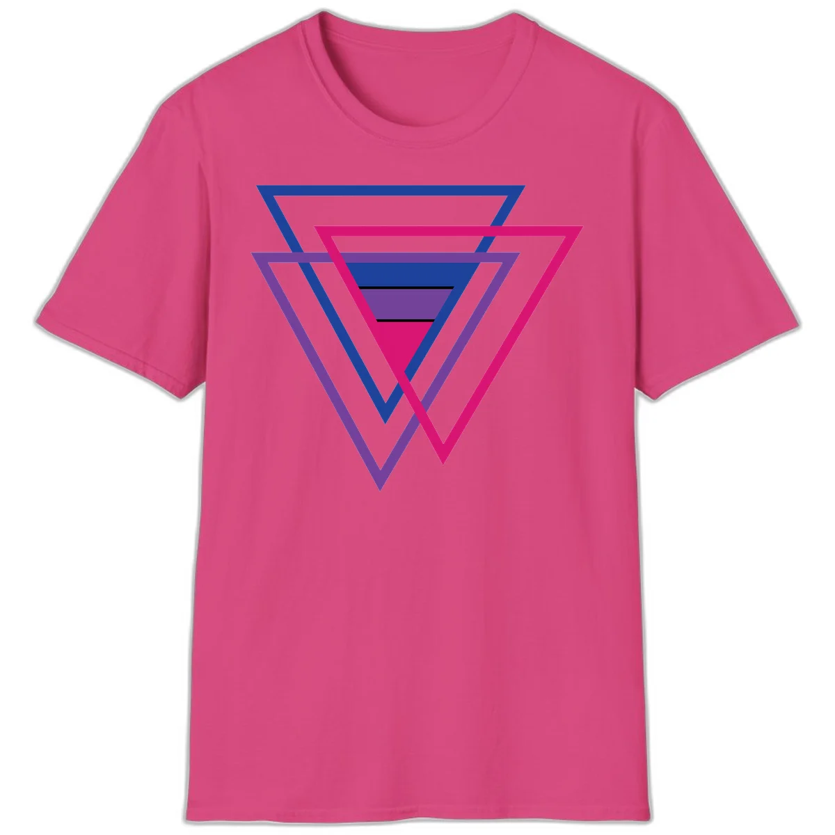 Nested triangles pride design with concentric blue, magenta, and purple geometric layers and black accent lines in Heliconia