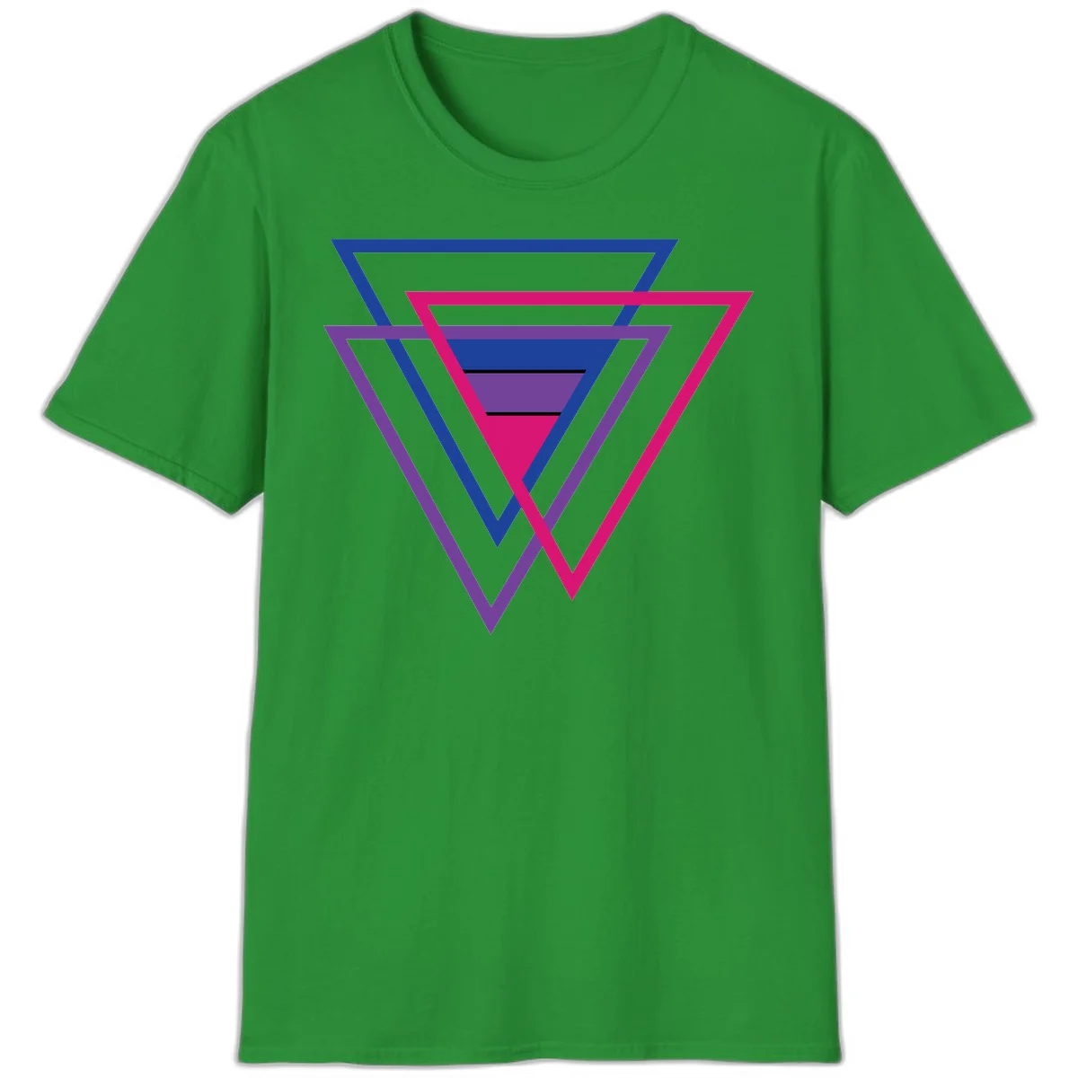 Nested triangles pride design with concentric blue, magenta, and purple geometric layers and black accent lines in Irish Green