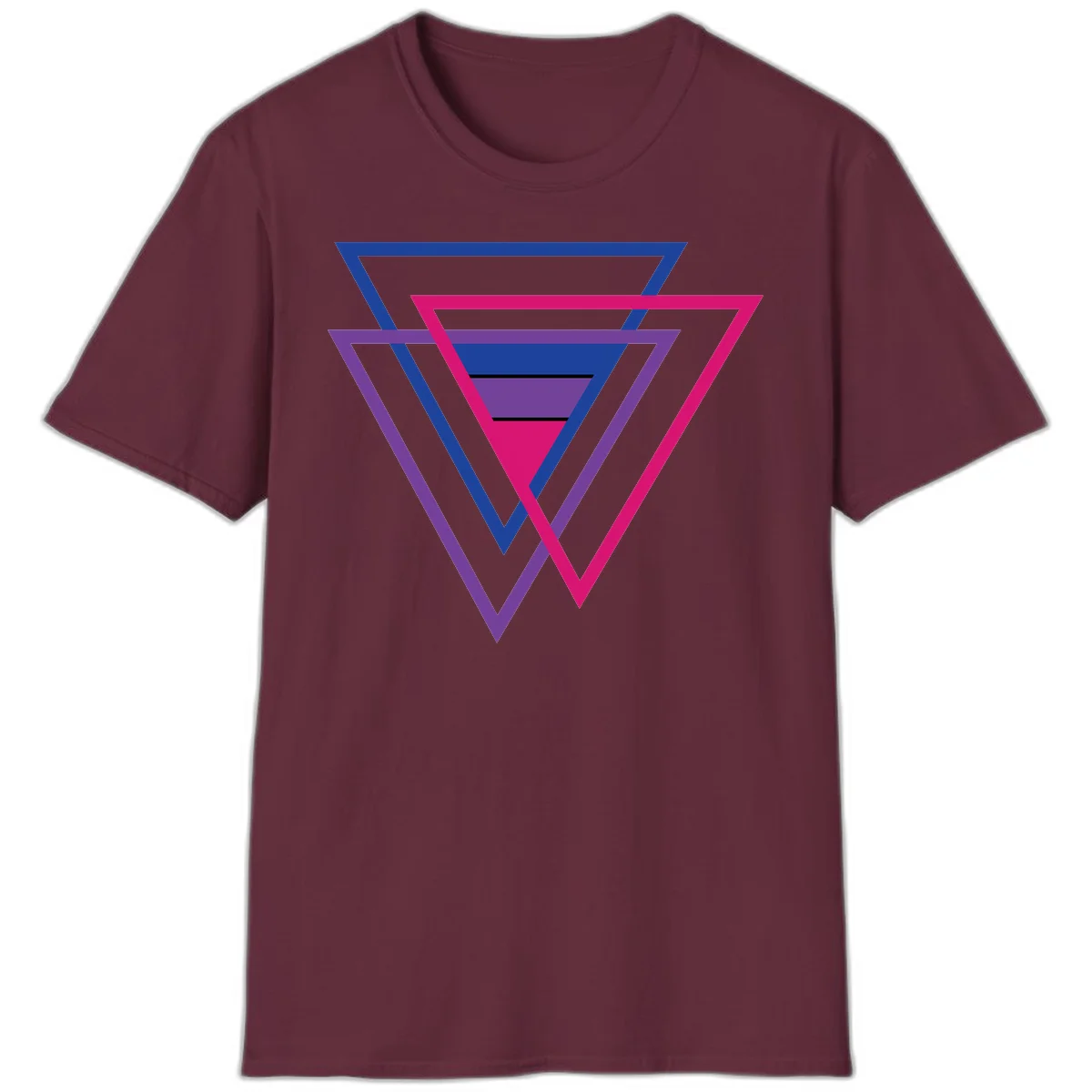 Nested triangles pride design with concentric blue, magenta, and purple geometric layers and black accent lines in Maroon