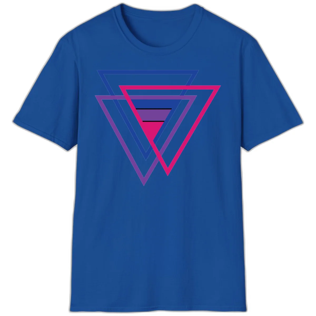 Nested triangles pride design with concentric blue, magenta, and purple geometric layers and black accent lines in Royal