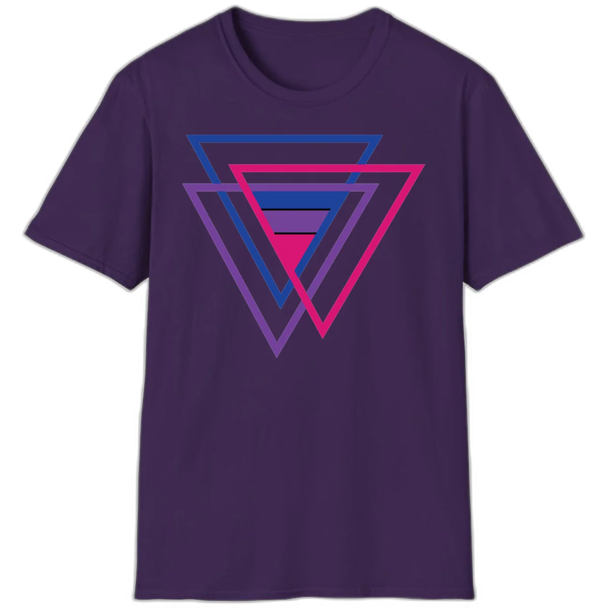 Nested triangles pride design with concentric blue, magenta, and purple geometric layers and black accent lines in Purple