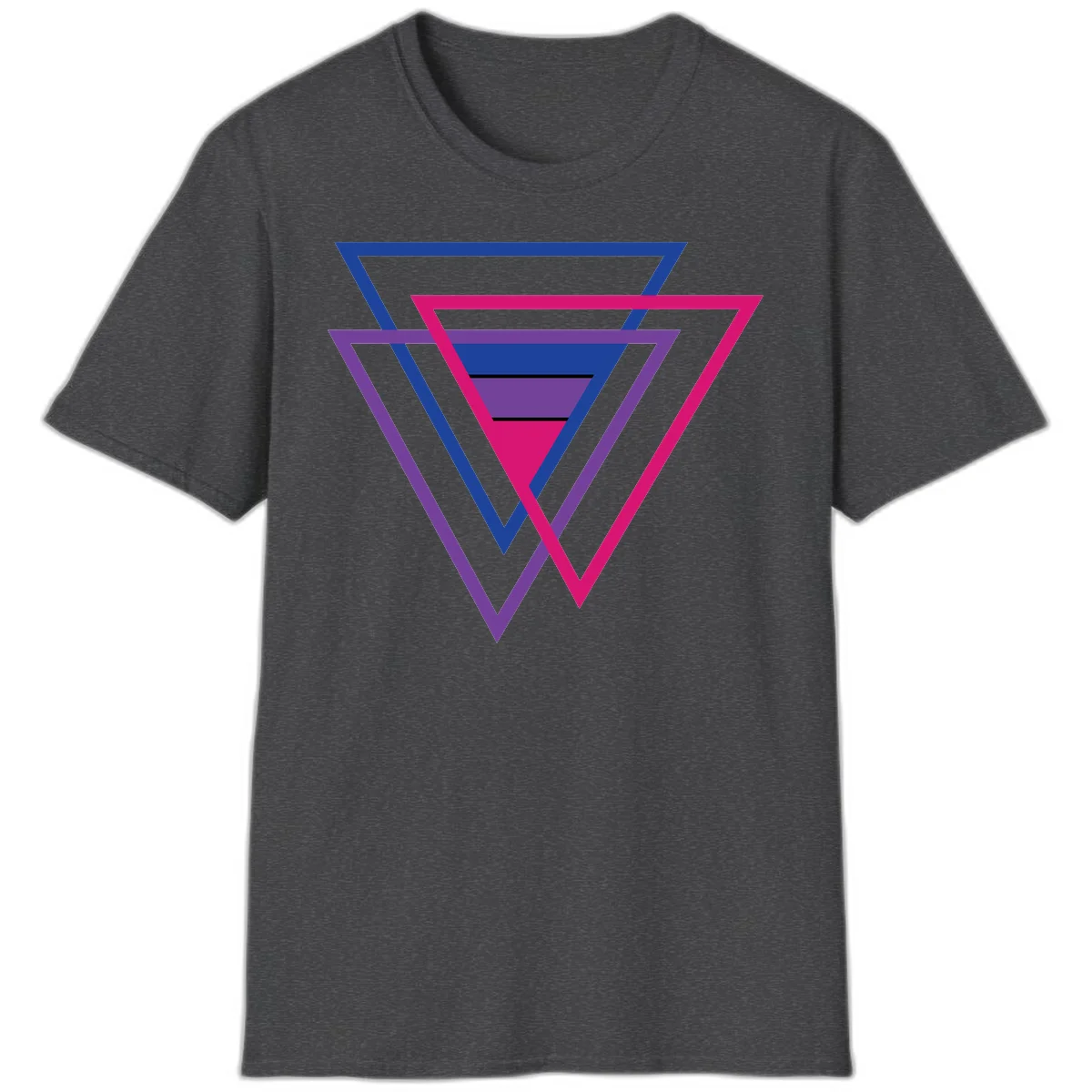 Nested triangles pride design with concentric blue, magenta, and purple geometric layers and black accent lines in Dark Heather