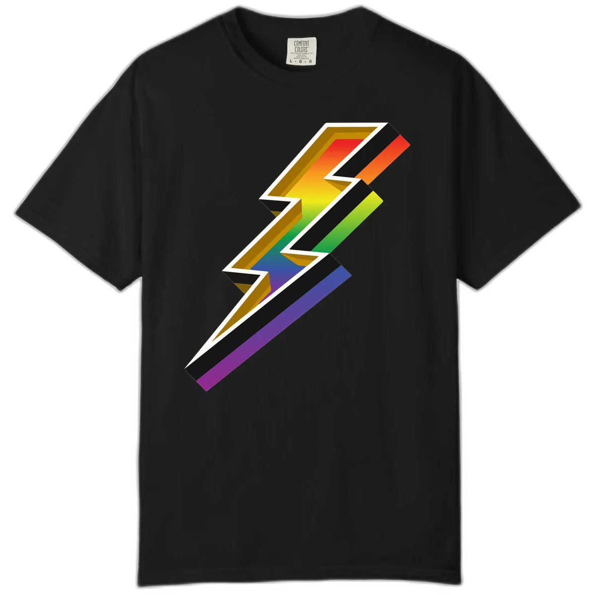 3D rainbow lightning bolt with layered depth effect featuring red, orange, yellow, green, blue, and purple gradient colors with white outlines and black shadows in Black