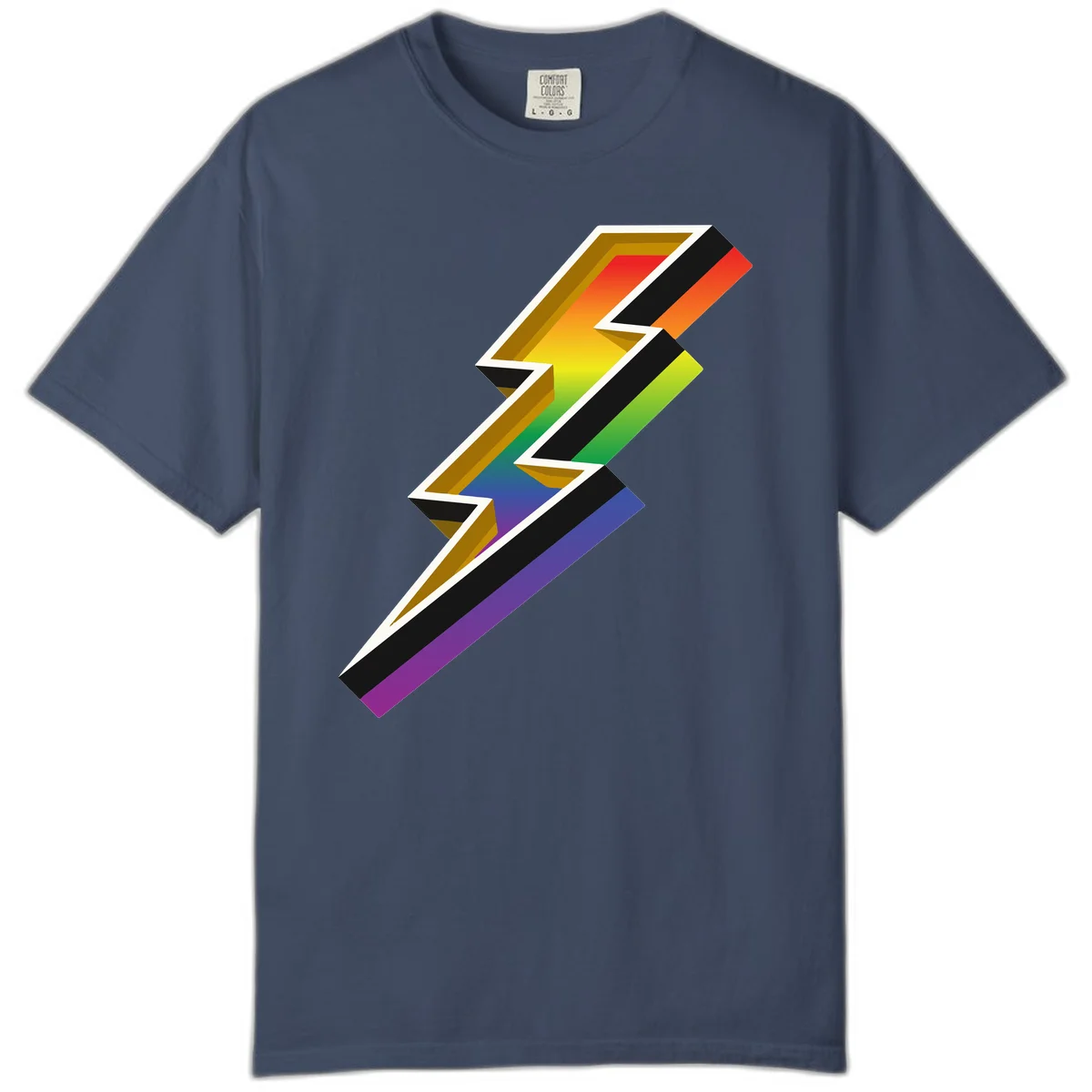 3D rainbow lightning bolt with layered depth effect featuring red, orange, yellow, green, blue, and purple gradient colors with white outlines and black shadows in Midnight