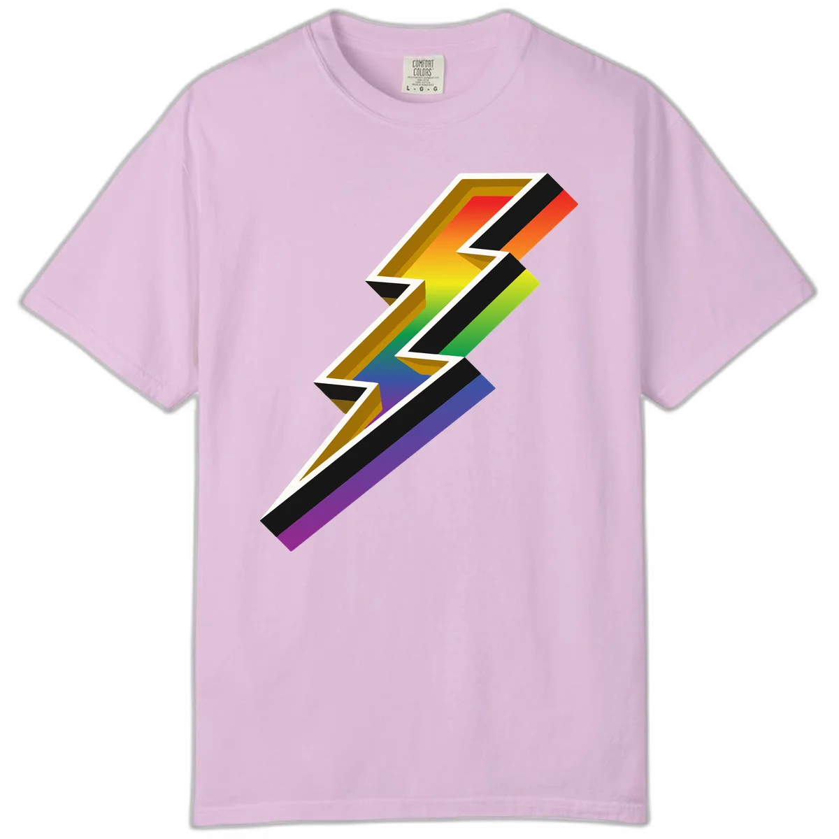 3D rainbow lightning bolt with layered depth effect featuring red, orange, yellow, green, blue, and purple gradient colors with white outlines and black shadows in Orchid