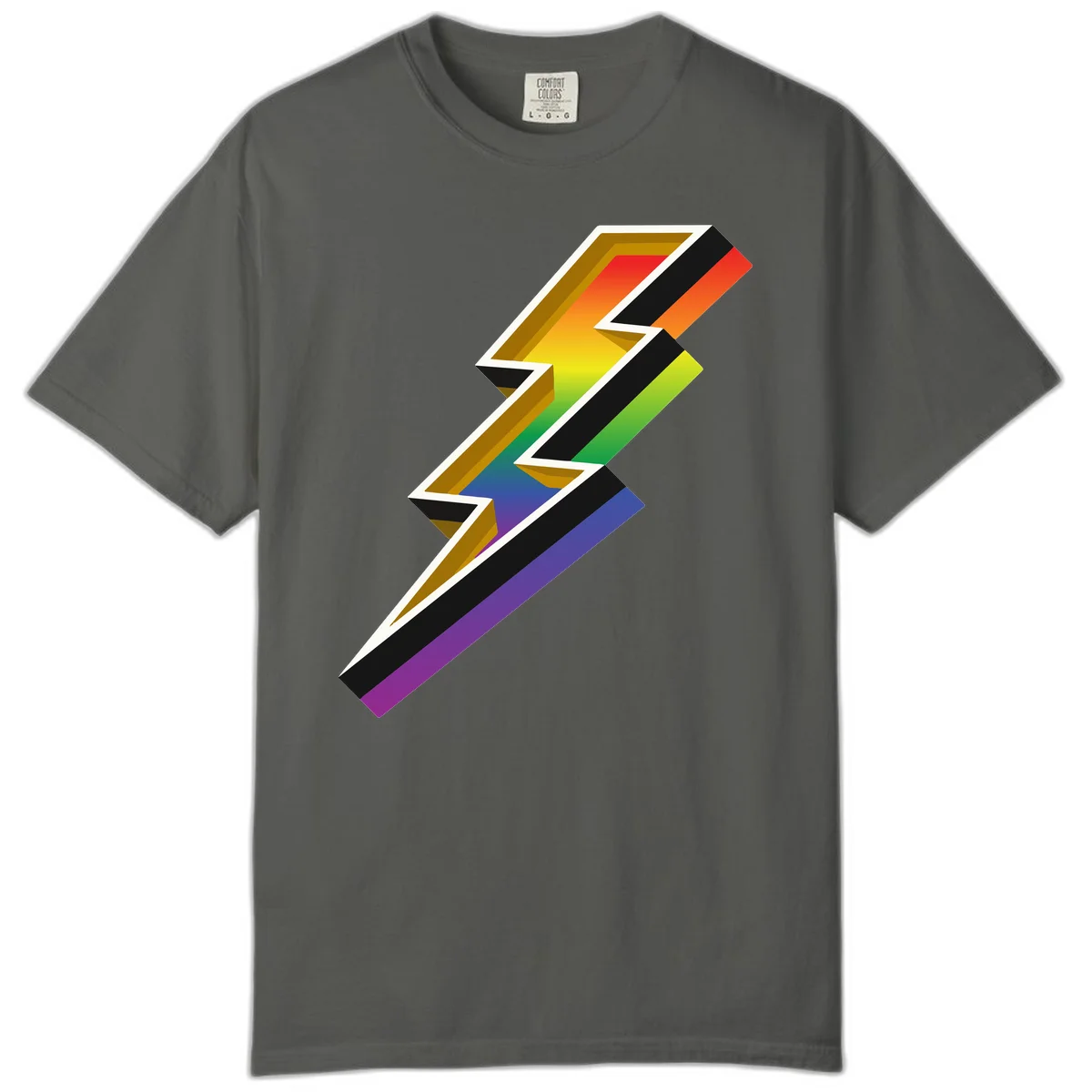 3D rainbow lightning bolt with layered depth effect featuring red, orange, yellow, green, blue, and purple gradient colors with white outlines and black shadows in Pepper