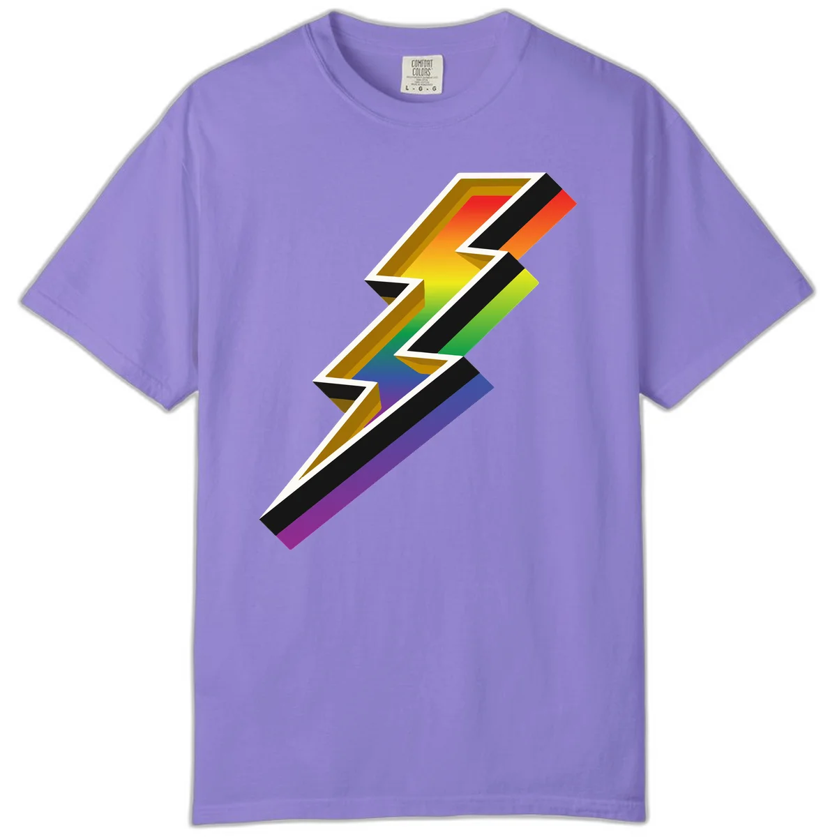 3D rainbow lightning bolt with layered depth effect featuring red, orange, yellow, green, blue, and purple gradient colors with white outlines and black shadows in Violet