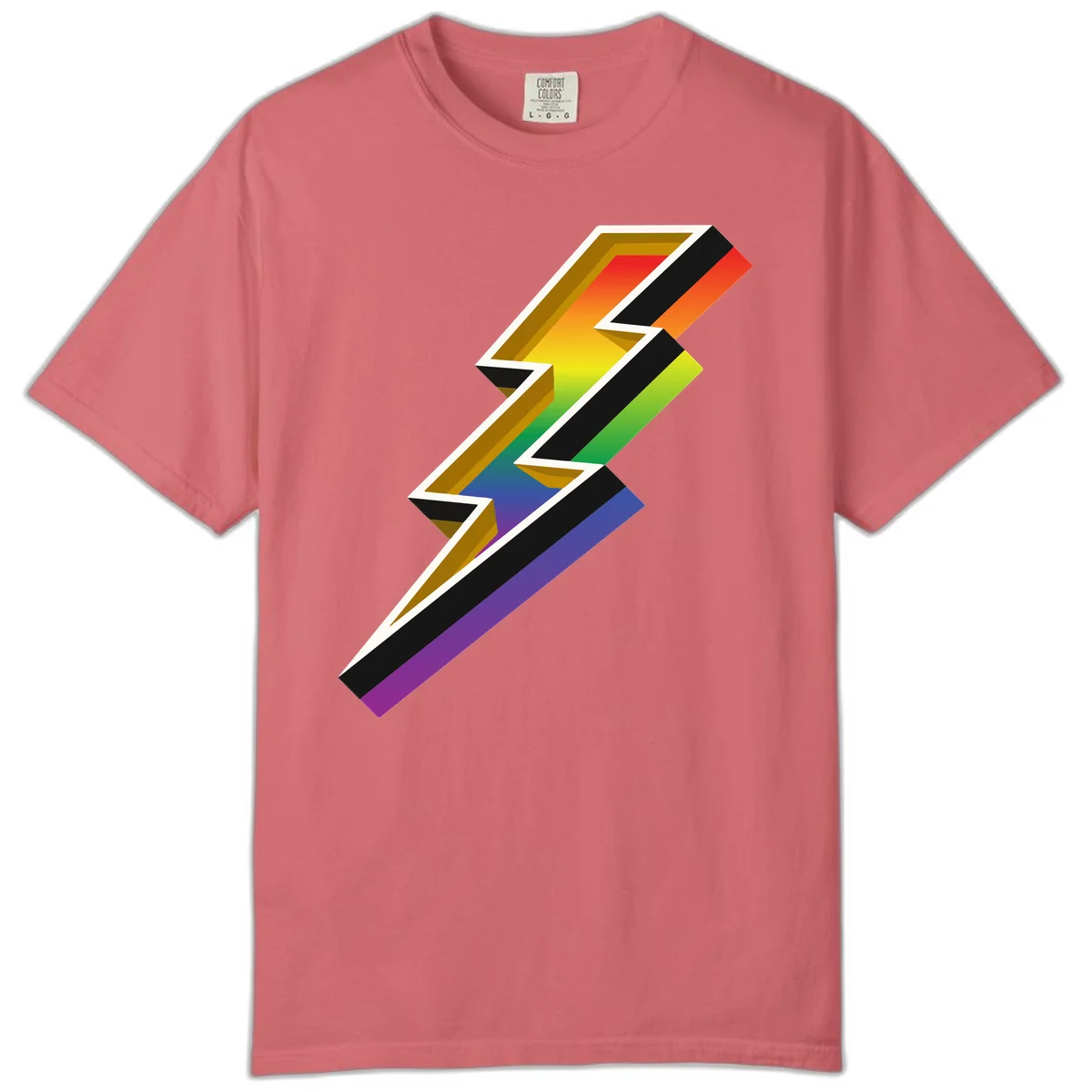 3D rainbow lightning bolt with layered depth effect featuring red, orange, yellow, green, blue, and purple gradient colors with white outlines and black shadows in Watermelon